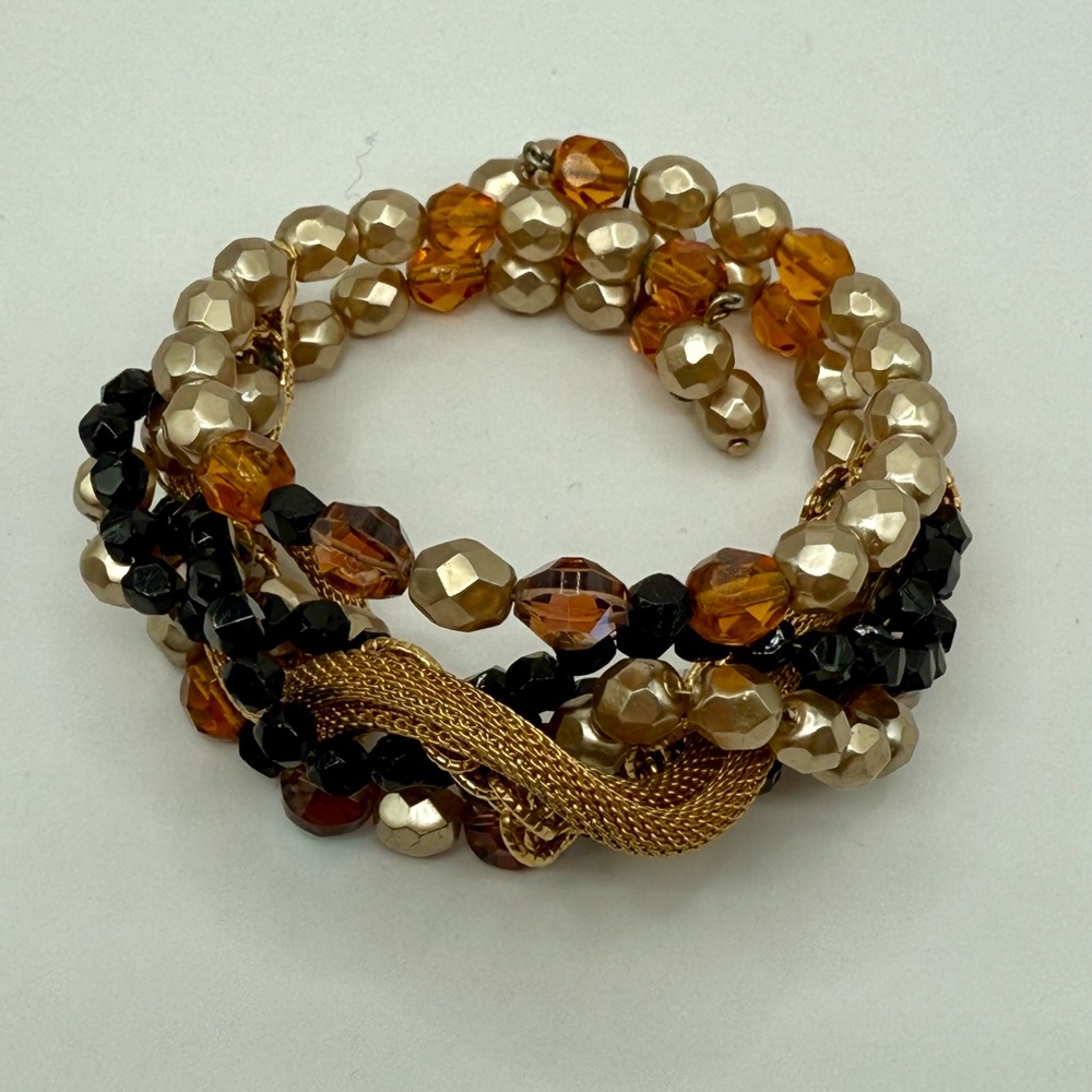 Bohemian Mixed Media Multi-Strand Wire Bracelet Adjustable Glass, AB, Gold Tone